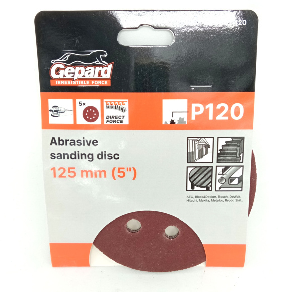 Шлифлист 125мм круг Р120 для дерева 8 отверстий 5шт. [GEPARD] купить с доставкой