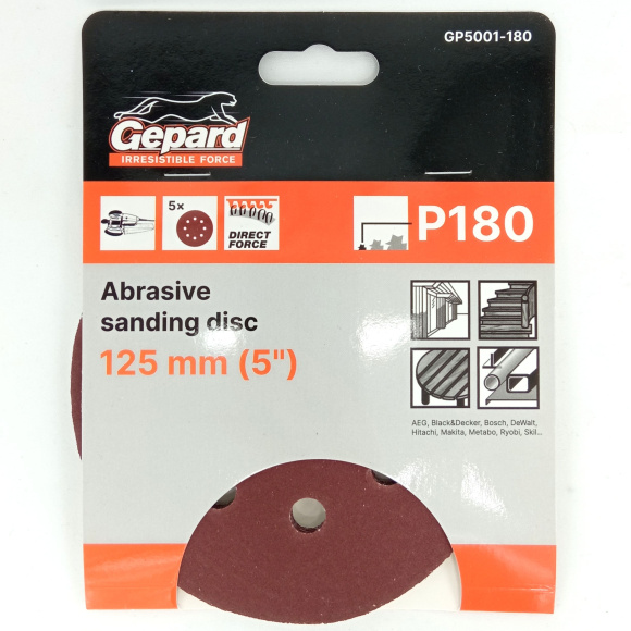 Шлифлист 125мм круг Р180 для дерева 8 отверстий 5шт. [GEPARD] купить с доставкой