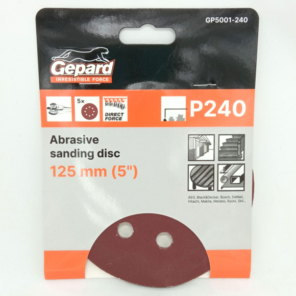 Шлифлист 125мм круг Р240 для дерева 8 отверстий 5шт. [GEPARD] купить с доставкой