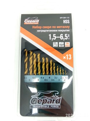 Набор сверл по металлу 13шт 1.5-6.5мм HSS TIN [GEPARD]