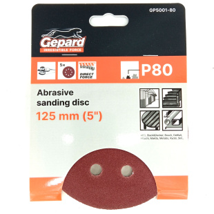 Шлифлист 125мм круг Р80 для дерева 8 отверстий 5шт. [GEPARD]
