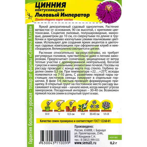 Цинния Лиловый Император кактусовидная [Семена алтая] купить с доставкой